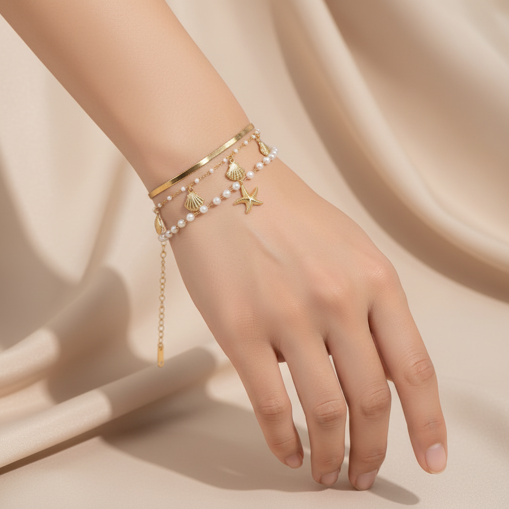 Ocean Summer Bracelet Starfish Shell Pearl Set
