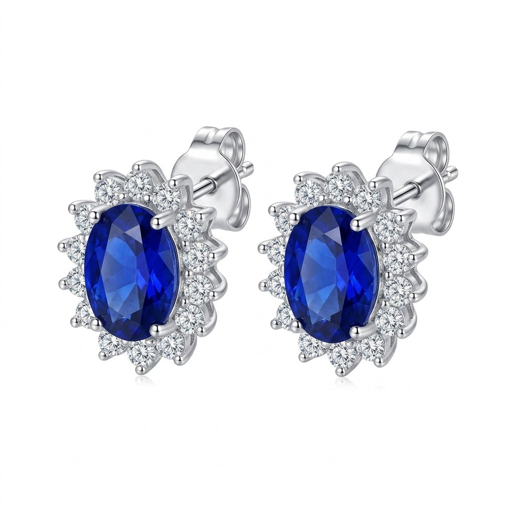 Sapphire Halo Oval Stud Silver 925 Earrings - Enhanced Studio Photo
