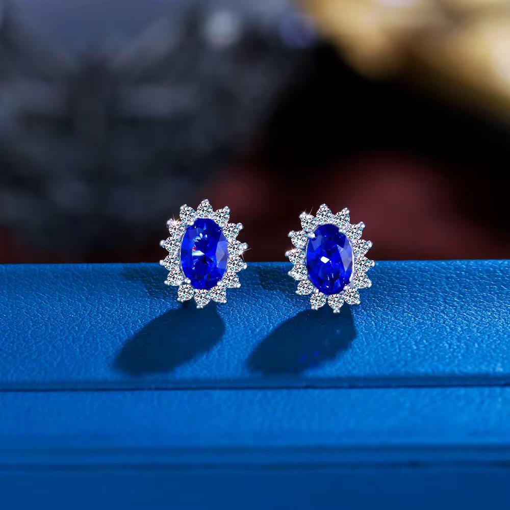 Sapphire Halo Oval Stud Silver 925 Earrings