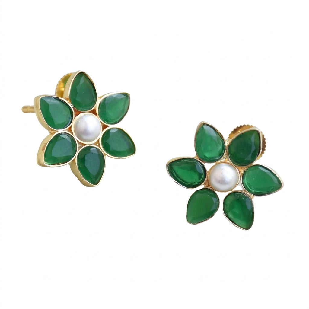 Emerald Flower Stud Earrings - Enhanced Studio Photo