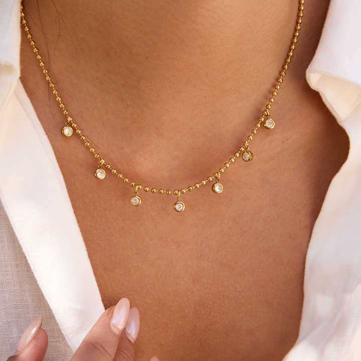 Minimalist Bead Chain Round Zircon Pendant Necklace