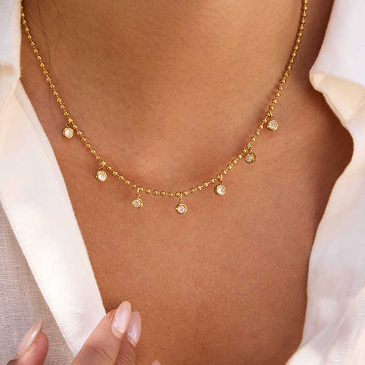 Minimalist Bead Chain Round Zircon Pendant Necklace