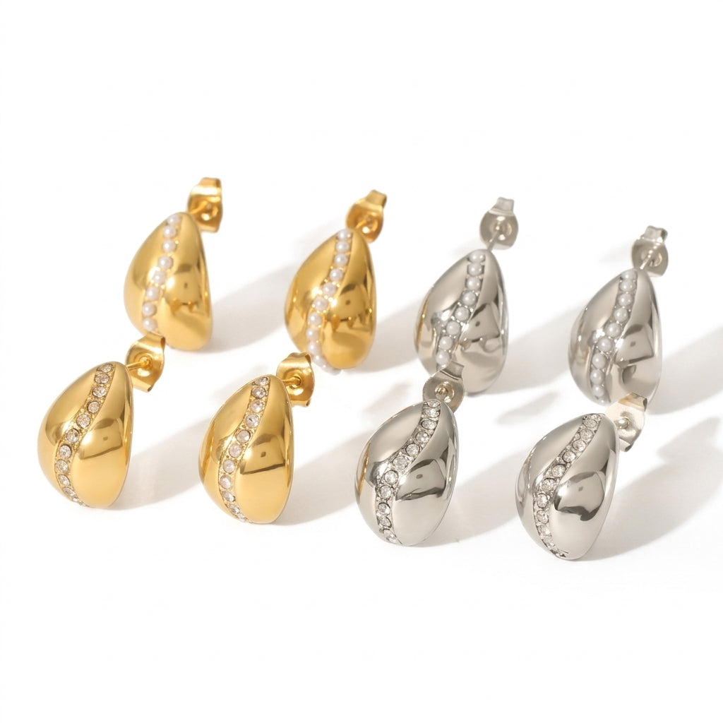 Pave Leaf Pearl Teardrop Stud Earrings - Enhanced Studio Photo