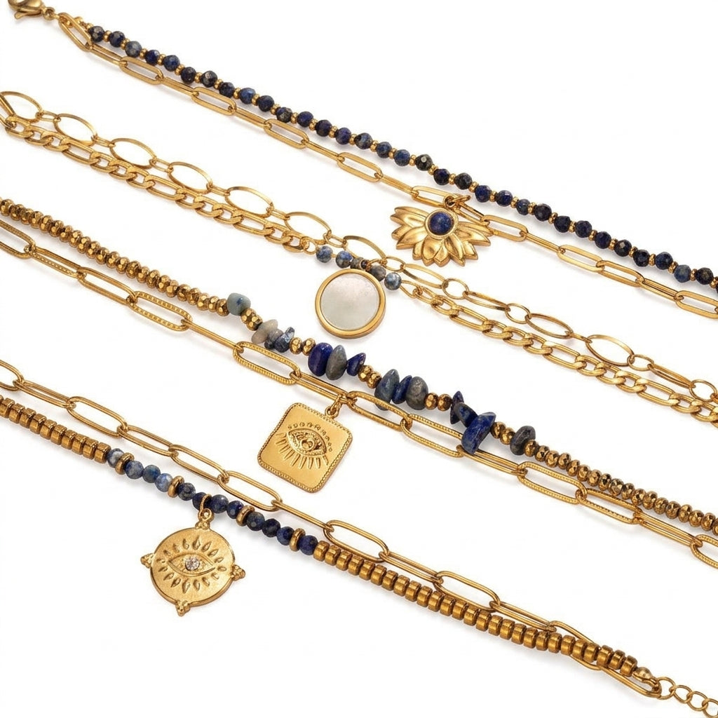 Double Layer Lapis Lazuli Blue Evil Eye Bracelet - Enhanced Studio Photo