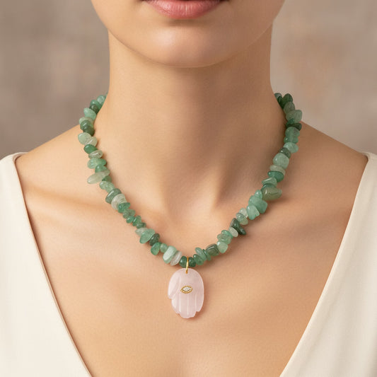 Crystal Beads Abstract Hand Pendant Necklace – 18K gold plated stainless steel necklace with crystal and rose quartz, worn