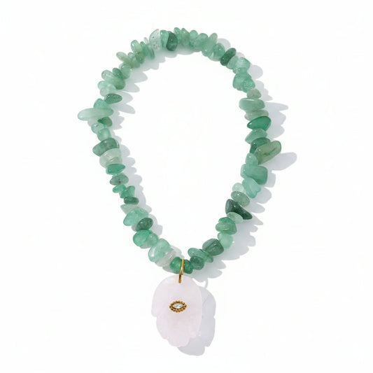 Crystal Beads Abstract Hand Pendant Necklace – 18K gold plated stainless steel necklace with crystal and rose quartz