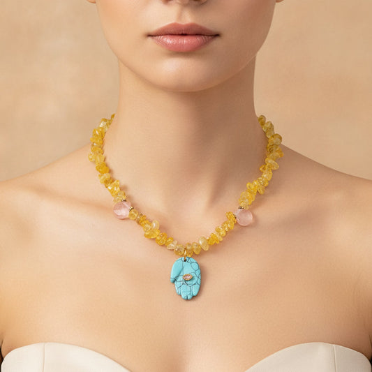 Crystal Beads Abstract Hand Pendant Necklace – 18K gold plated stainless steel necklace with crystal and yellow turquoise, worn