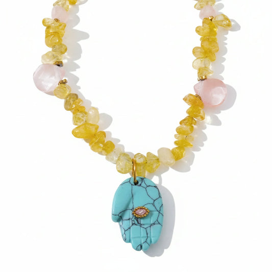 Crystal Beads Abstract Hand Pendant Necklace – 18K gold plated stainless steel necklace with crystal and yellow turquoise
