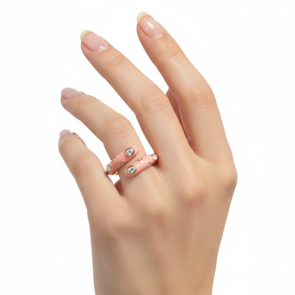 Trendy Enamel Zircon Open Adjustable Ring – 18K gold plated stainless steel ring, pink