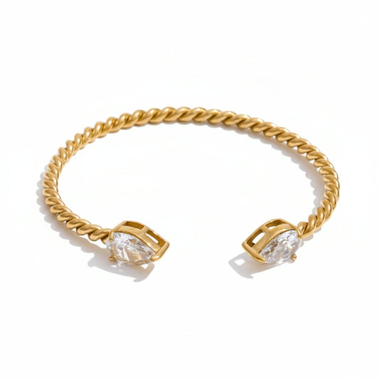 French Style Twisted Rope Open Cuff Bangle – 18K gold plated bangle with cubic zirconia