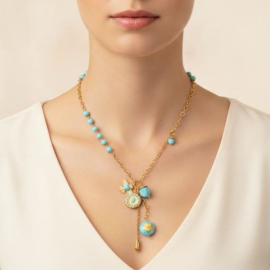 Bohemian Turquoise Y Shape Drop Necklace – 18K gold plated stainless steel necklace with turquoise and bird charm, worn