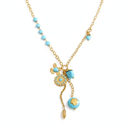 Bohemian Turquoise Y Shape Drop Necklace – 18K gold plated stainless steel necklace with turquoise and bird charm