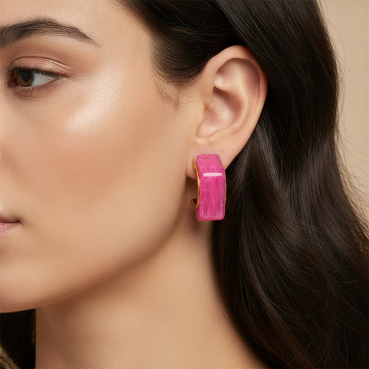Colorful Huggie Hoop Drop Earrings – 18K gold plated stainless steel hoop earrings with colorful resin, fuchsia, worn