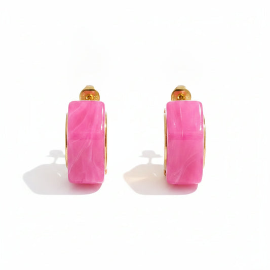 Colorful Huggie Hoop Drop Earrings – 18K gold plated stainless steel hoop earrings with colorful resin, fuchsia