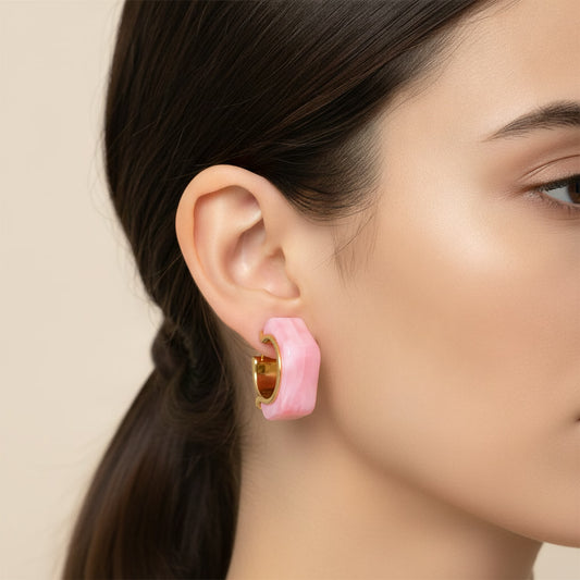 Colorful Huggie Hoop Drop Earrings – 18K gold plated stainless steel hoop earrings with colorful resin, pink, worn
