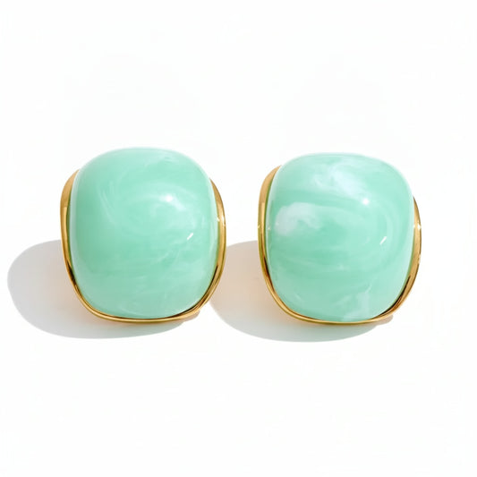 Chunky Square Resin Cabochon Stud Earrings – 18K gold plated stainless steel stud earrings, light green