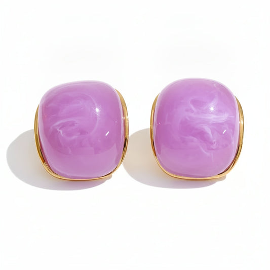 Chunky Square Resin Cabochon Stud Earrings – 18K gold plated stainless steel stud earrings, purple