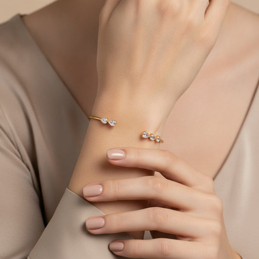 Minimalist Bangle Cubic Zirconia Triple Pear Cuff – 18K gold plated stainless steel cuff, worn
