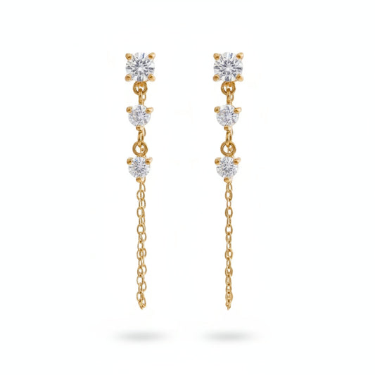 Elegant Three Stone Tassel Chain Drop Earrings – 18K gold plated stainless steel earrings with cubic zirconia