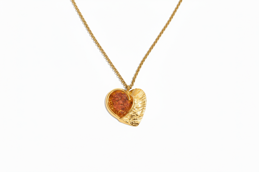 Vintage Hammered Heart Pendant Necklace Crushed Stone Inlay
