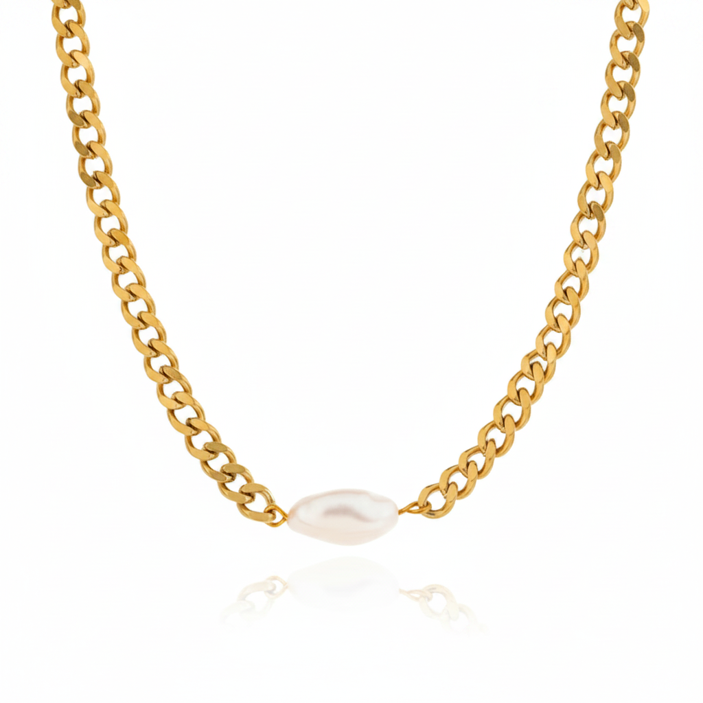 Natural Pearl Chain Collar Necklace – 18K gold plated stainless steel necklace