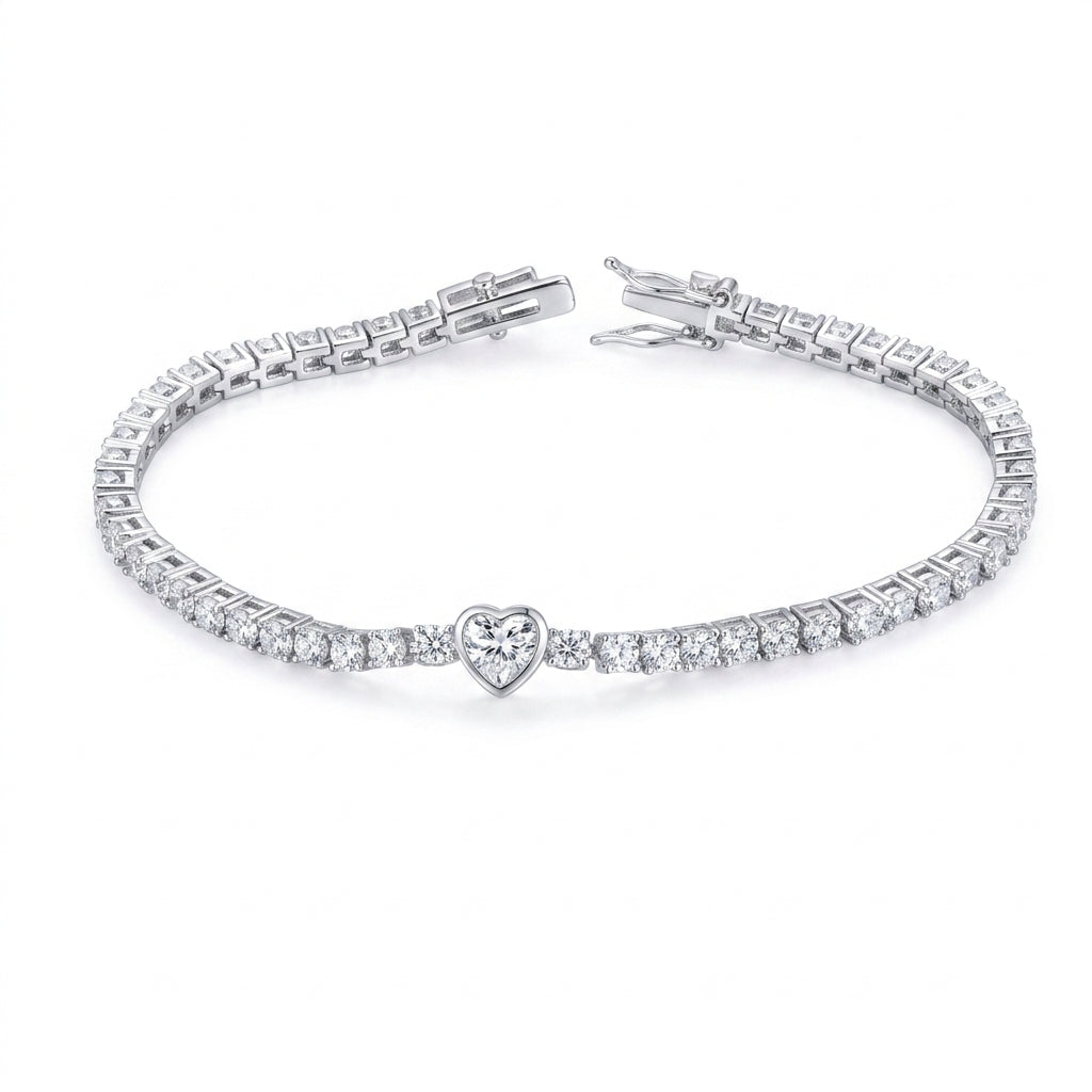 Crystal Tennis Heart Centre Bracelet - Sterling Silver 925 - Enhanced Studio Photo