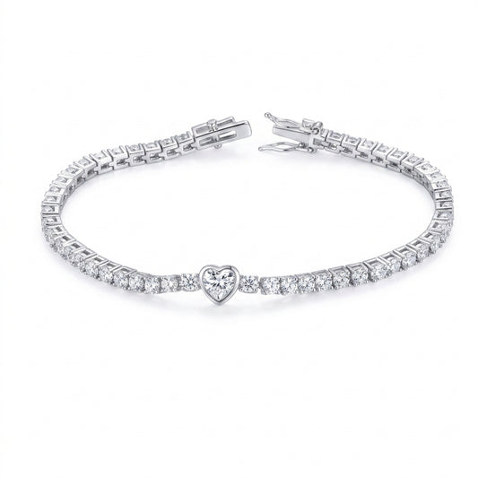 Crystal Tennis Heart Centre Bracelet - Sterling Silver 925 - Enhanced Studio Photo