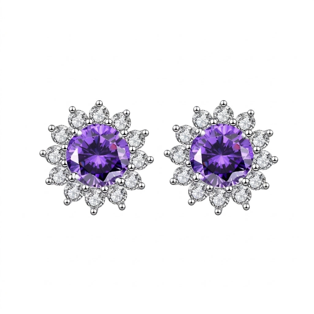 Frosted Blossom Purple Zirconia Stud Silver 925 Earrings - Enhanced Studio Photo