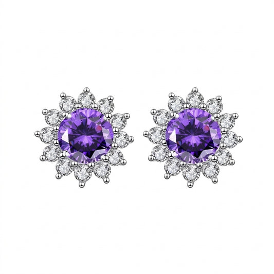 Frosted Blossom Purple Zirconia Stud Silver 925 Earrings - Enhanced Studio Photo