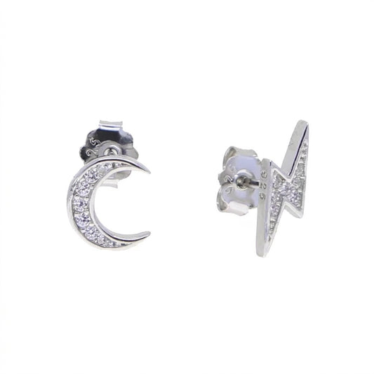 Lunar Glow Mini Star & Moon Stud Silver 925 Earrings - Enhanced Studio Photo