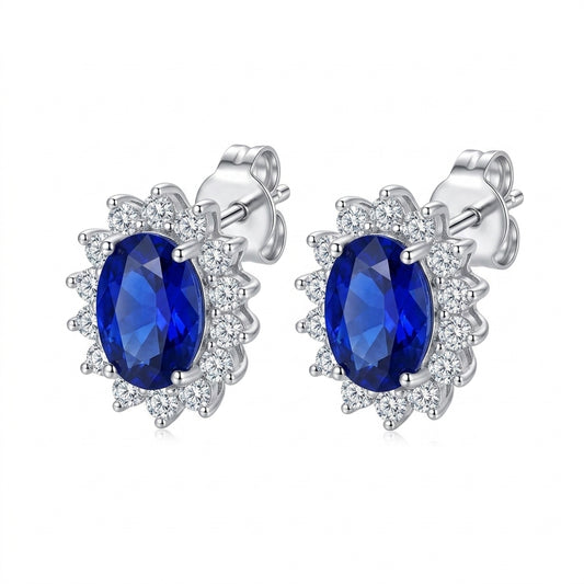 Sapphire Halo Oval Stud Silver 925 Earrings - Enhanced Studio Photo